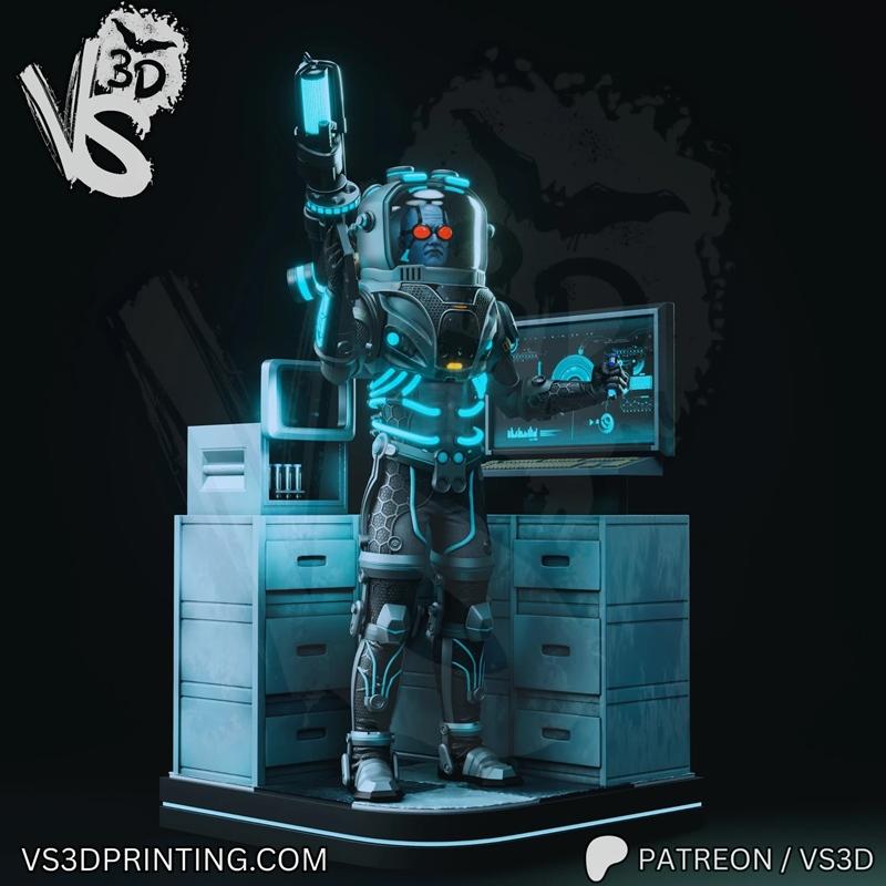 VS3D Mr. Freeze figure in cryogenic suit holding a cryo gun, standing in a lab diorama with computer and cabinets.