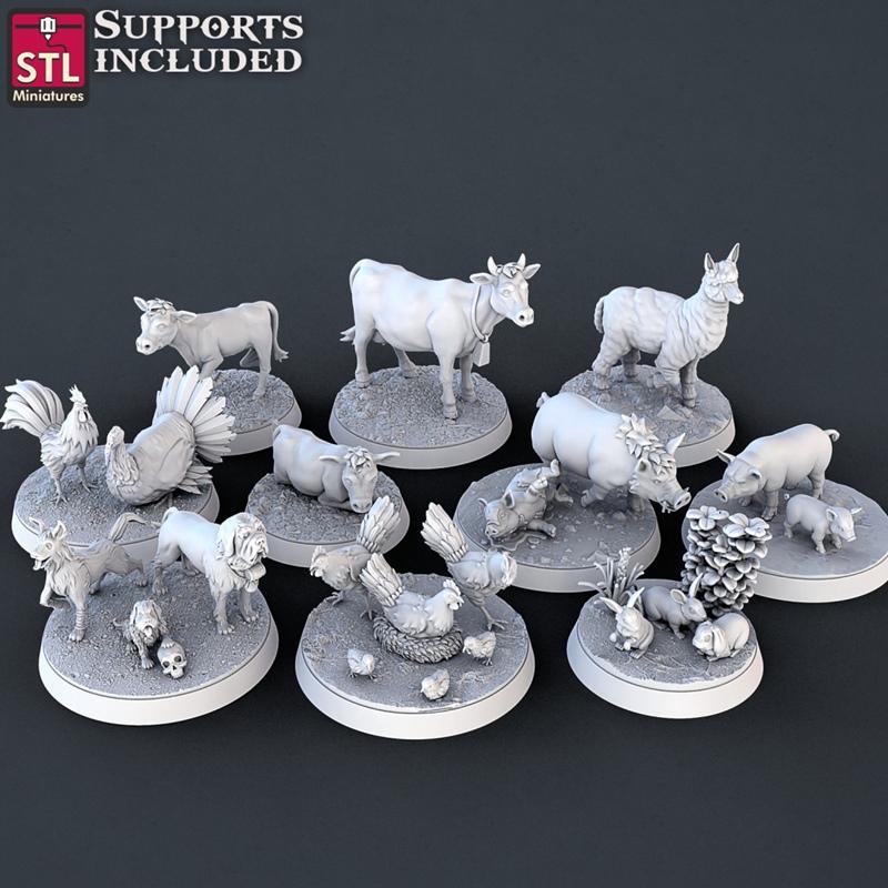 Collection of farm animal miniatures including cows, pigs, chickens, a turkey, a goat, a bull, dogs, and rabbits, all...