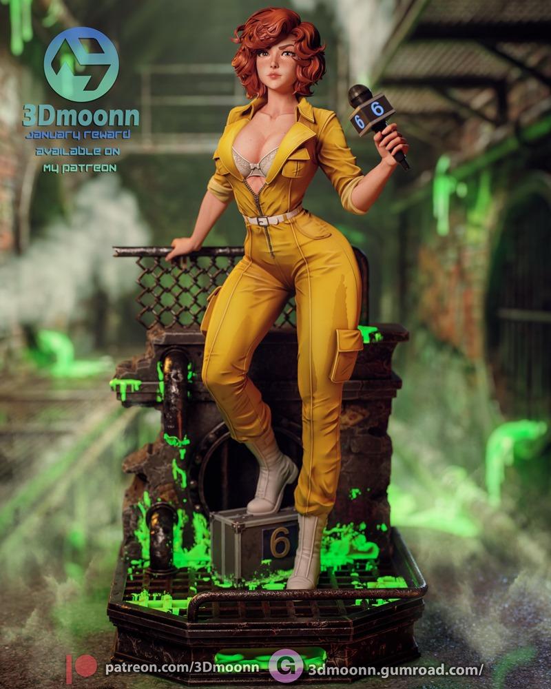April O’Neil 3D model in yellow jumpsuit and white bra, holding a microphone, standing on a sewer base with green tox...