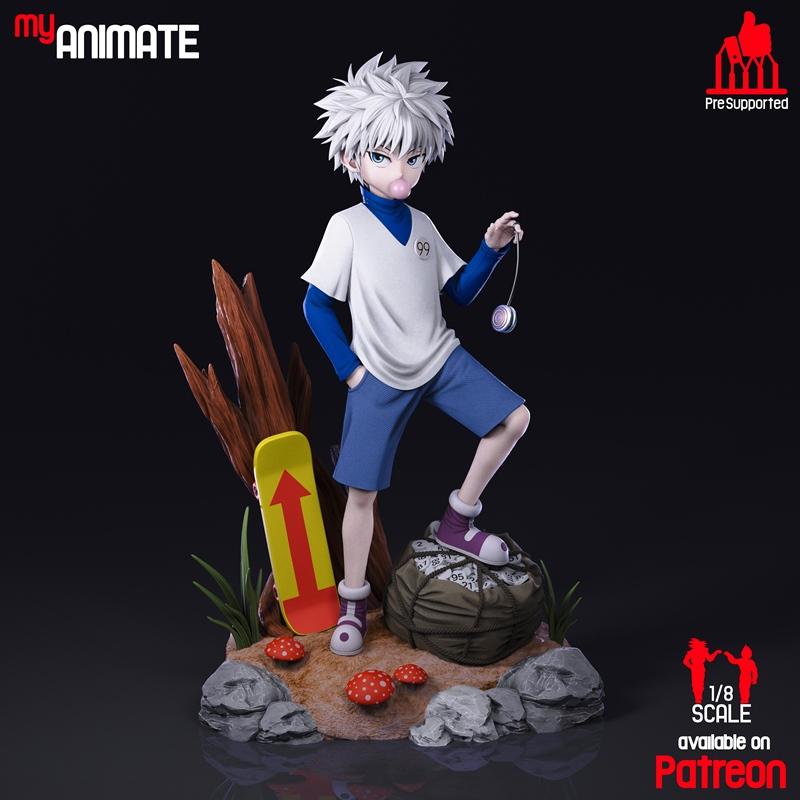 1/8 scale 3D print figure of Killua from Hunter x Hunter, chewing bubblegum and holding a yo-yo. He wears a white t-s...