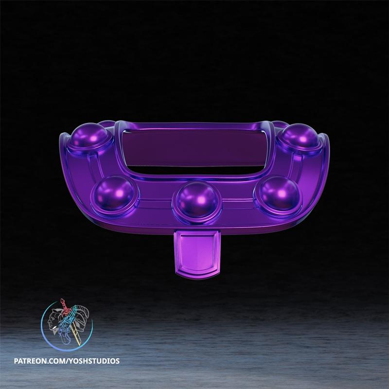 Metallic purple Magneto 97 collar with five spherical accents and a central rectangular plate, against a dark backgro...