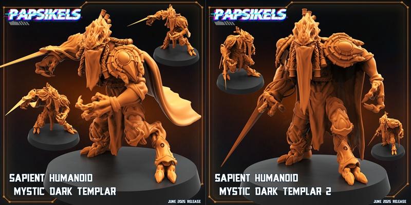 3D model of a Sapient Humanoid Mystic Dark Templar figure in sci-fi armor, holding a sword, with a cape, by Papsikels.