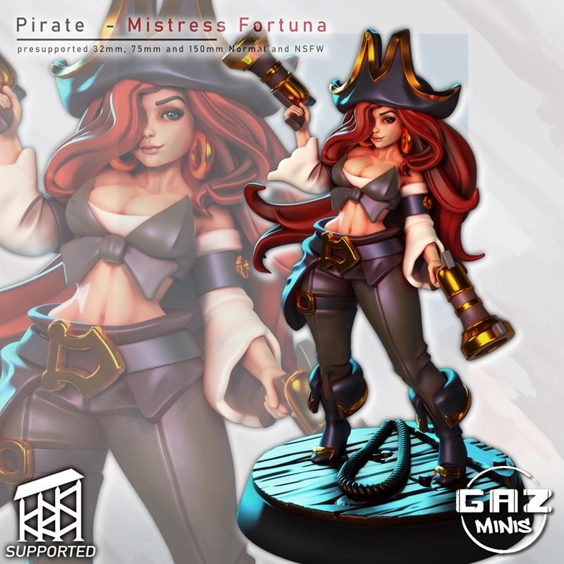 3D model of Miss Fortune from League of Legends, a female pirate with red hair, wearing a pirate hat, revealing top,...