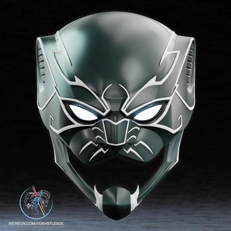 Black Panther mask with glowing white eyes and silver accents, rendered in a dark metallic finish.