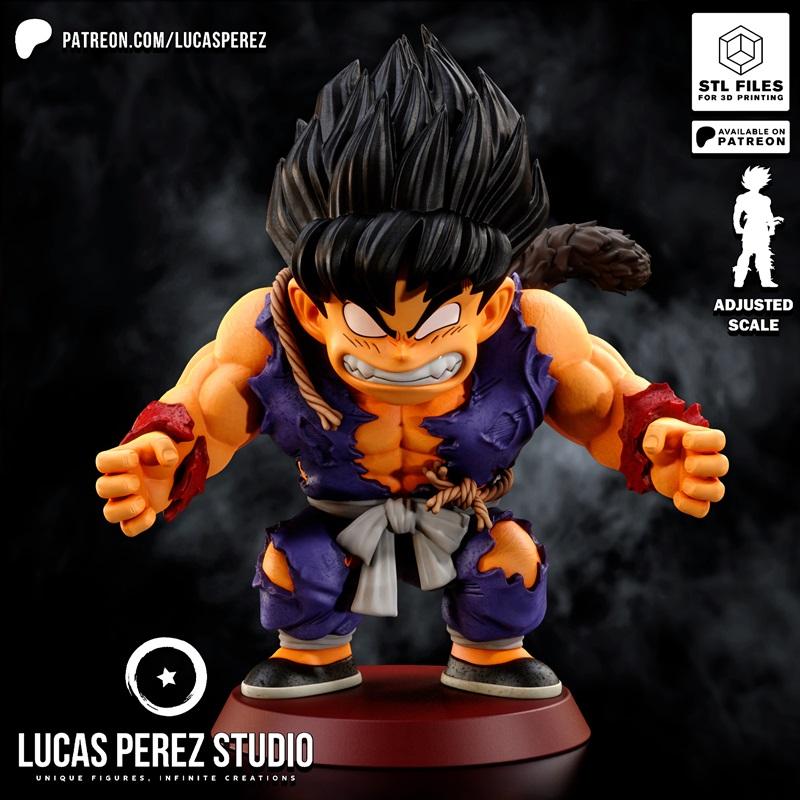 Chibi Goku Ozaru 3D model, muscular, enraged expression, torn purple outfit, white sash, on a red base.