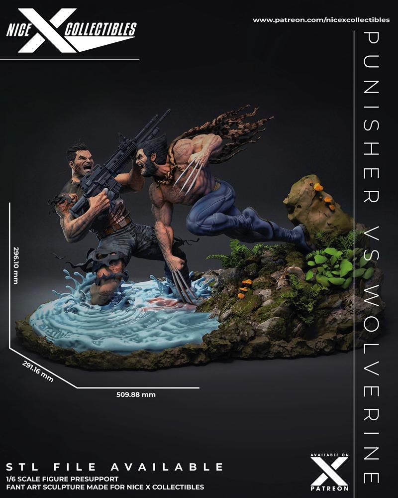 Wolverine with claws extended lunges at Punisher holding an assault rifle, in a dynamic battle diorama sculpted by Ni...