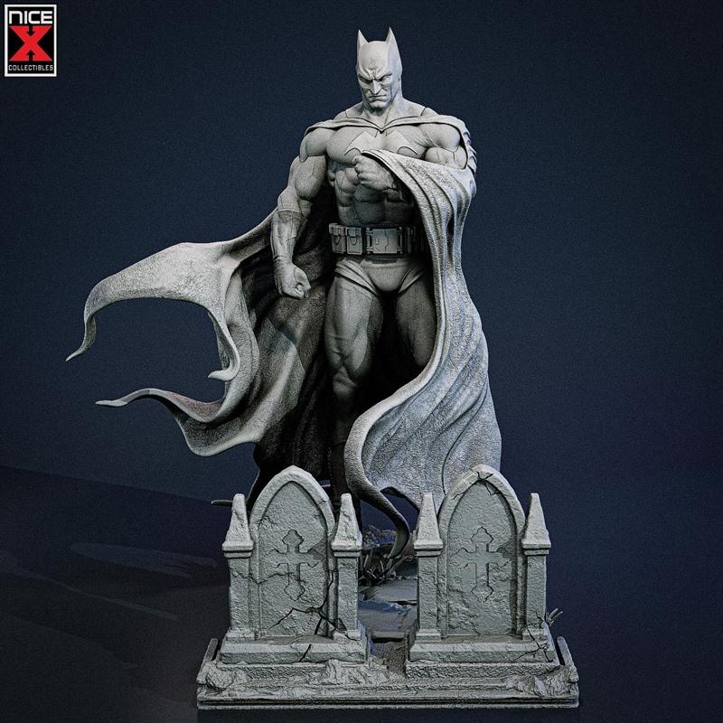3D model of Batman standing heroically on a graveyard base with two gravestones, cape flowing dramatically.