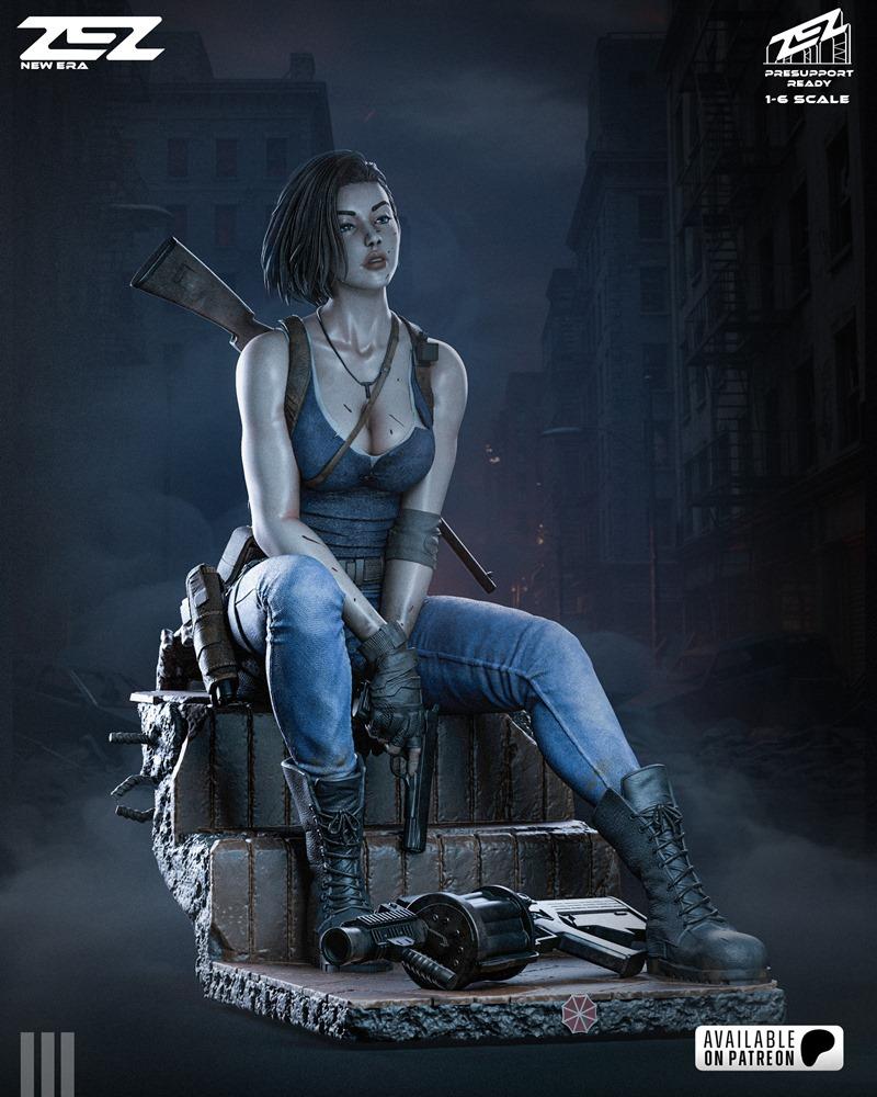 ZEZ Studio 1:6 scale 3D model of Jill Valentine from Resident Evil, seated on rubble with rifle, handgun, and grenade...
