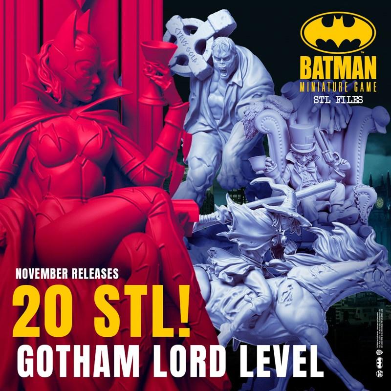 Collection of 3D printable miniatures for Batman Miniature Game by Knight Models. A red Batwoman figure sits on a thr...