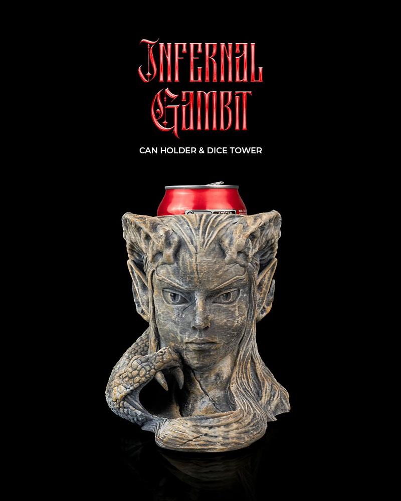 Bust of a female character with elven ears and a coiled serpent, designed as a can holder and dice tower, with a ston...
