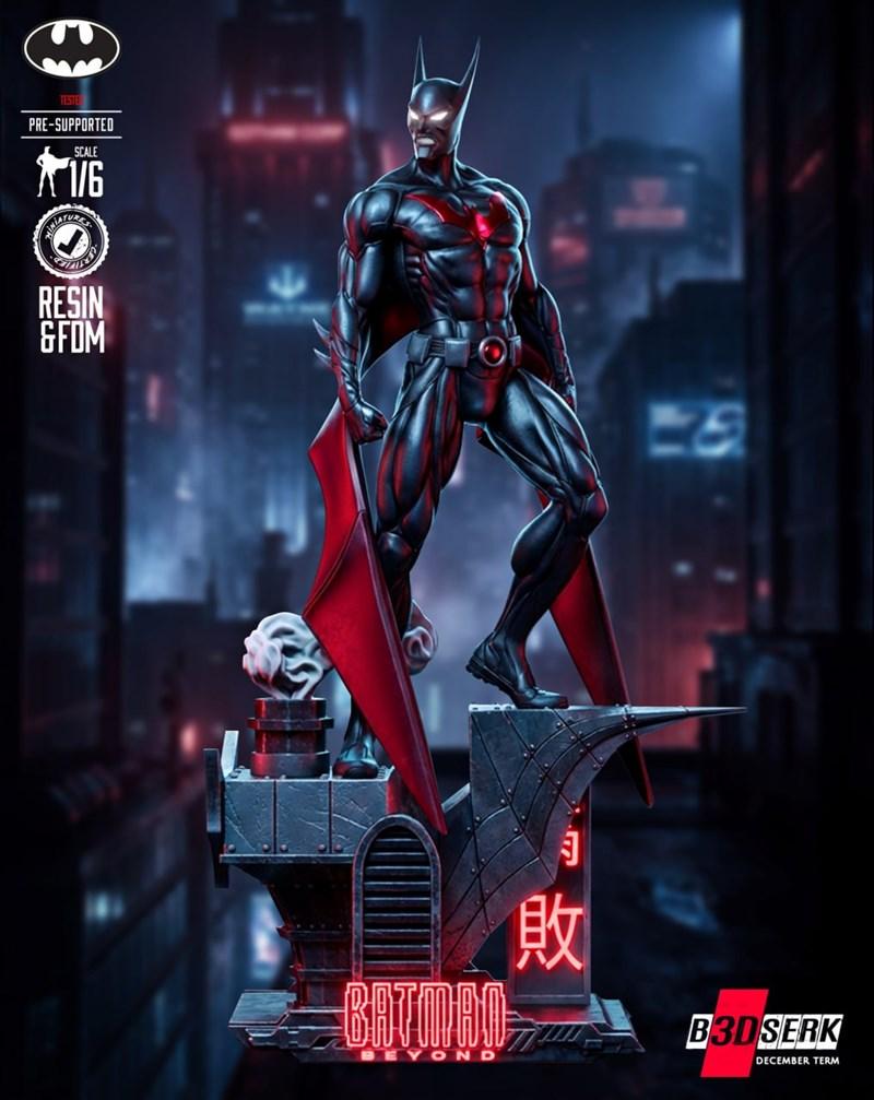 Batman Beyond 1/6 scale sculpture by B3dserk, standing heroically on a cyberpunk diorama base with neon lights and a...