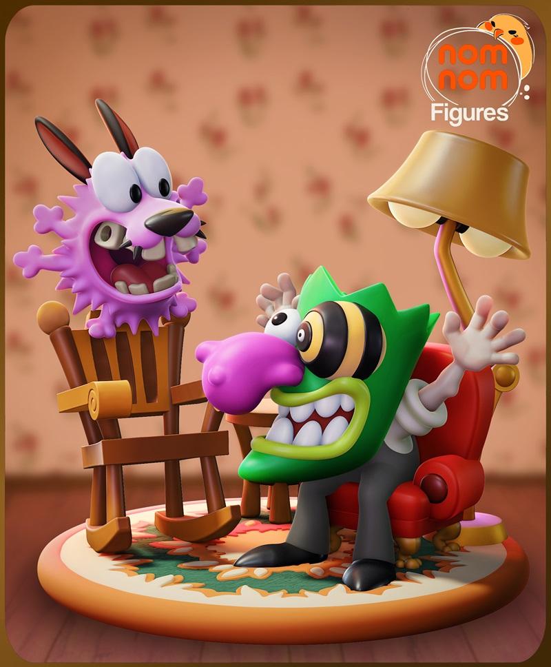 Chibi Courage the Cowardly Dog 3D model diorama with another character in an armchair, a rocking chair, and a lamp.