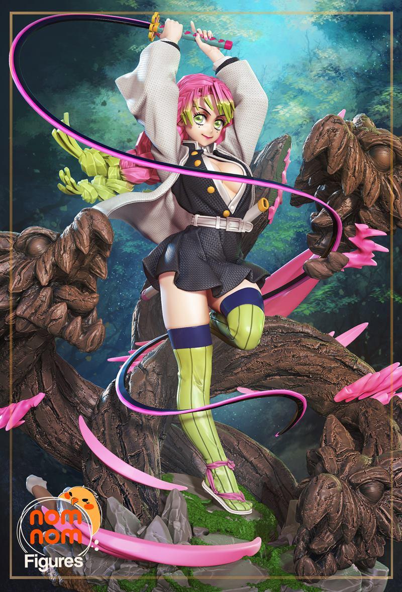 3D model of Mitsuri from Demon Slayer in a dynamic pose, wielding a pink-bladed sword with swirling energy effects, w...