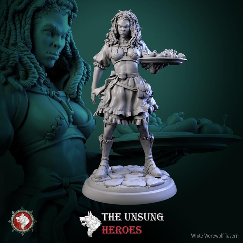 White Werewolf Tavern Alehouse Maid V5 3D model figure, a female orc with dreadlocks wearing a revealing tavern outfi...