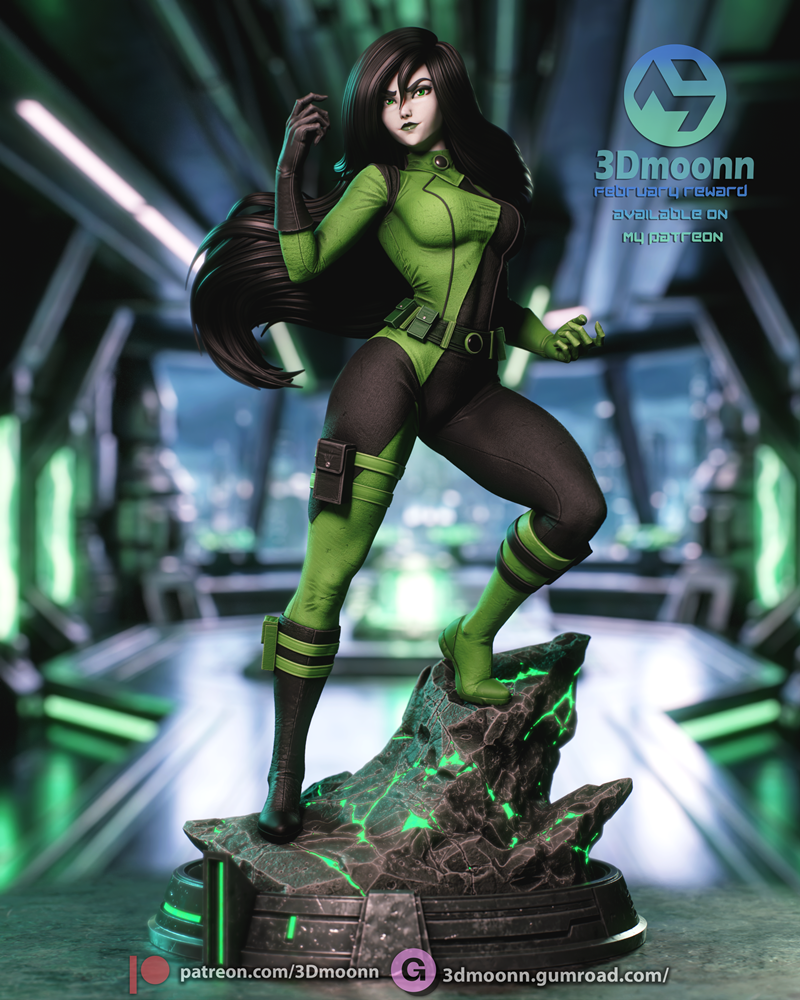 3D printable figure of Shego from Kim Possible, wearing a green and black suit, posed dynamically on a glowing green...