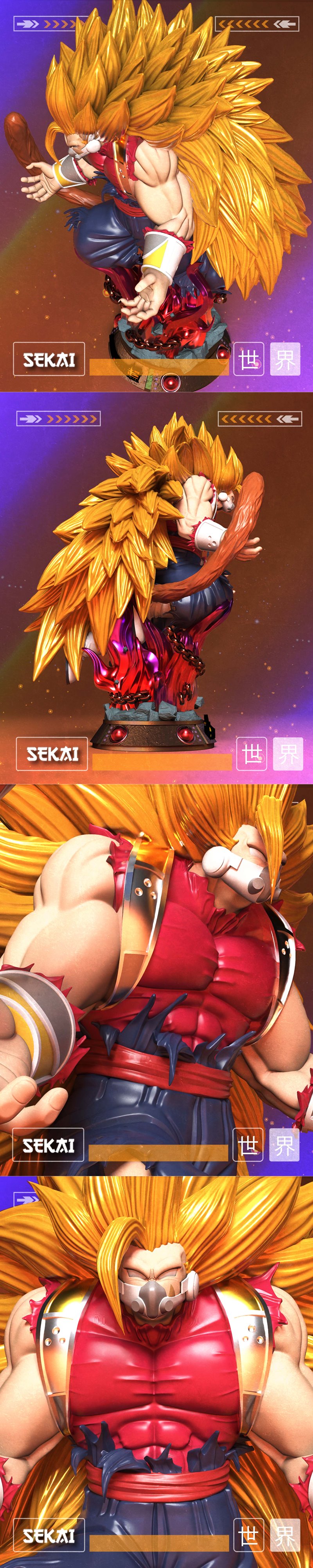 Sekai studio 3D model STL of Cumber from Dragon Ball, depicted as a muscular Super Saiyan with spiky blonde hair, red...