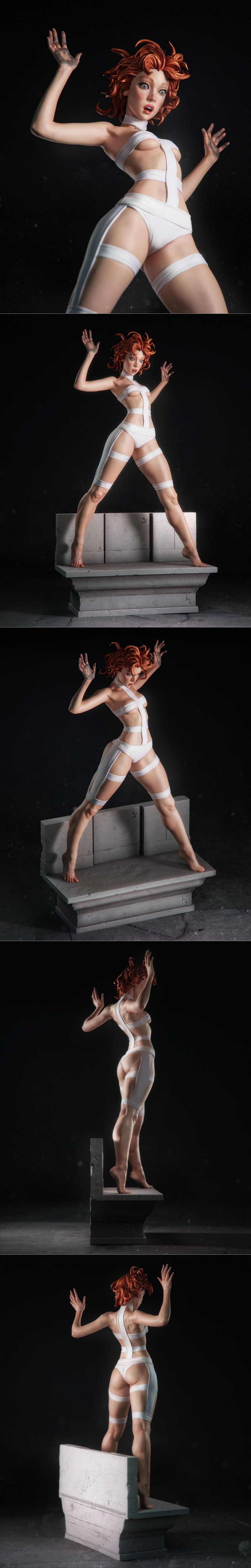 3D model of Leeloo from The Fifth Element, wearing a white bandage outfit, with wild orange hair and a surprised expr...