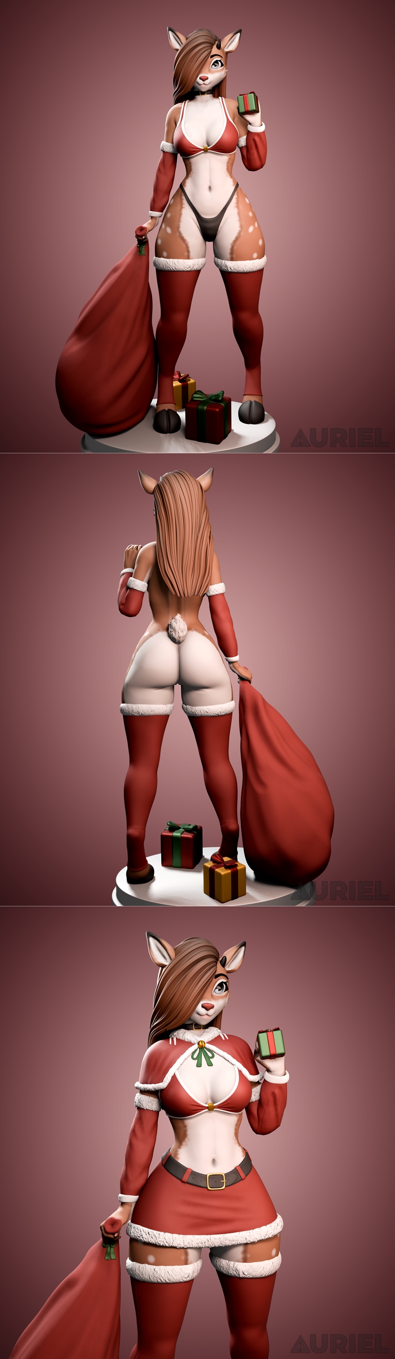 Anthropomorphic deer character in a revealing Santa outfit, holding a gift sack and a present. Auriel studio model.