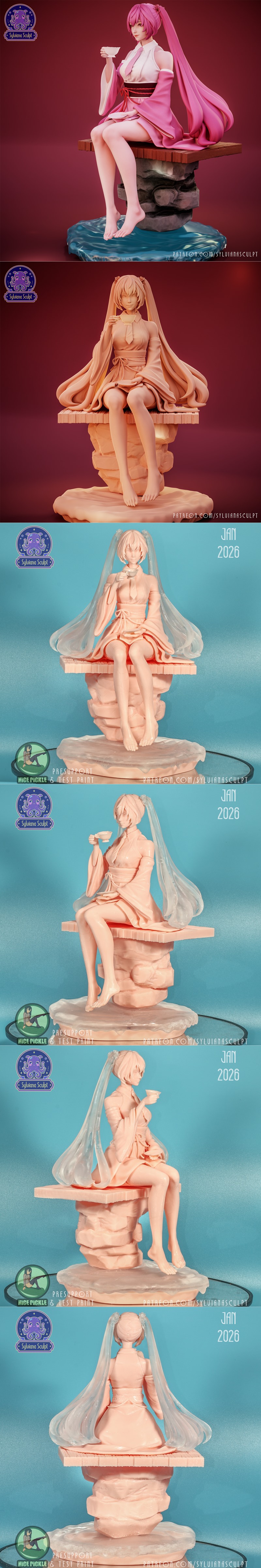 Hatsune Miku Sakura figure by Sylviana Sculpt, sitting on a wooden platform over rocks and water, holding a teacup an...