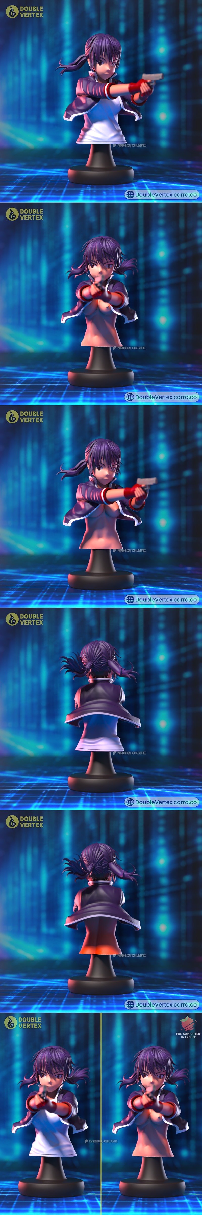 3D printable bust of Uezono Minami from EX-ARM, holding a gun forward, anime style, purple twin-tail hair, on a black...