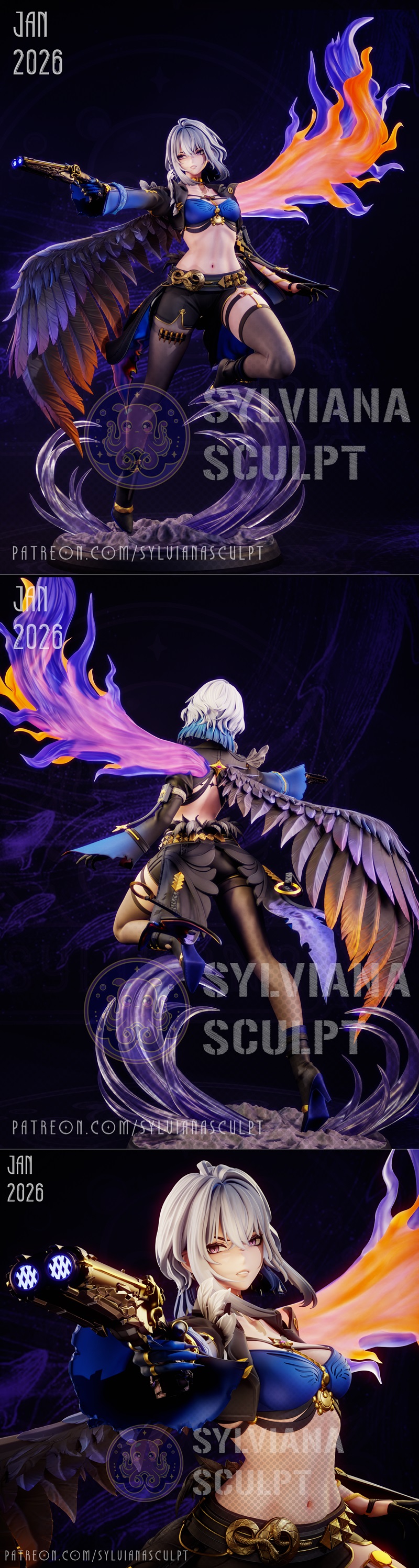 Galbrena from Wuthering Waves in a dynamic pose, holding a gun with flames erupting from it. She has large feathered...