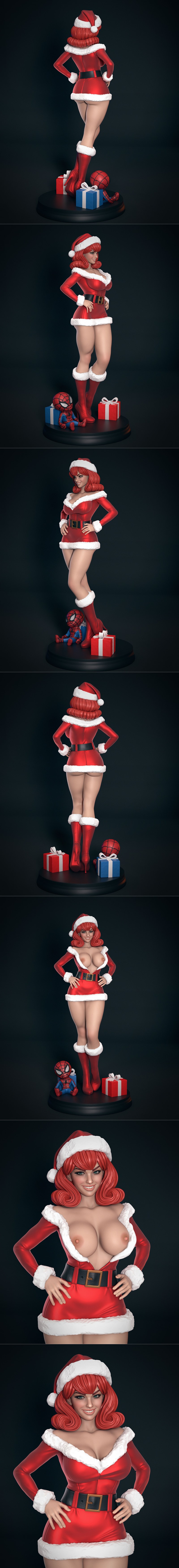Mary Jane Watson in a red Santa outfit with white fur trim, red hat, and thigh-high boots, standing with hands on hip...