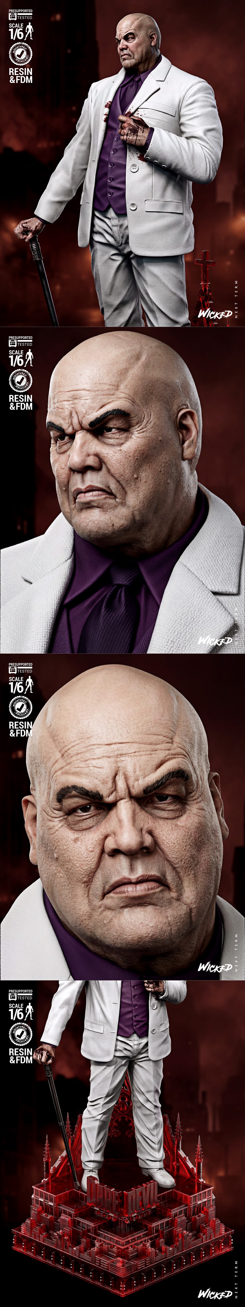 1:6 scale 3D model of Kingpin in a white suit and purple shirt, holding a cane, standing on a red, city-themed dioram...