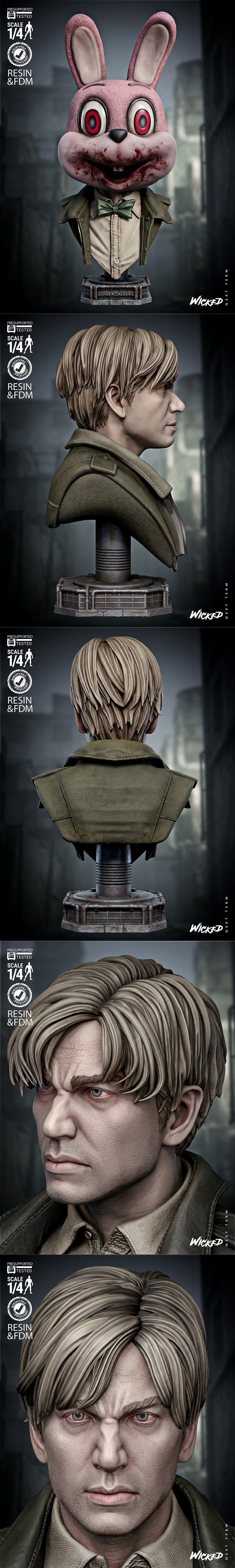 1/4 scale 3D printable bust of James Sunderland from Silent Hill 2, wearing a light brown shirt and green jacket, on...