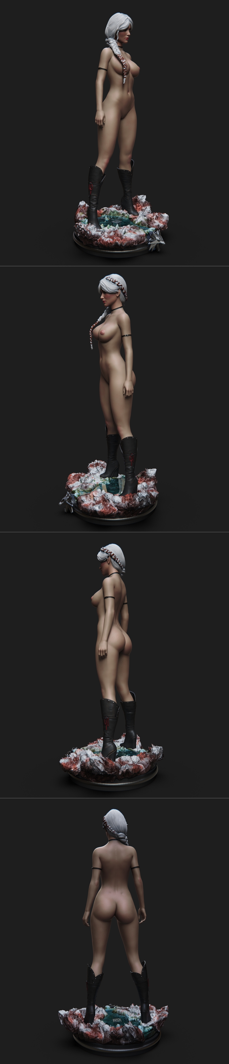 Nude 3D model of Ciri from The Witcher, standing on a rocky, bloody base wearing tall black boots. She has white-silv...