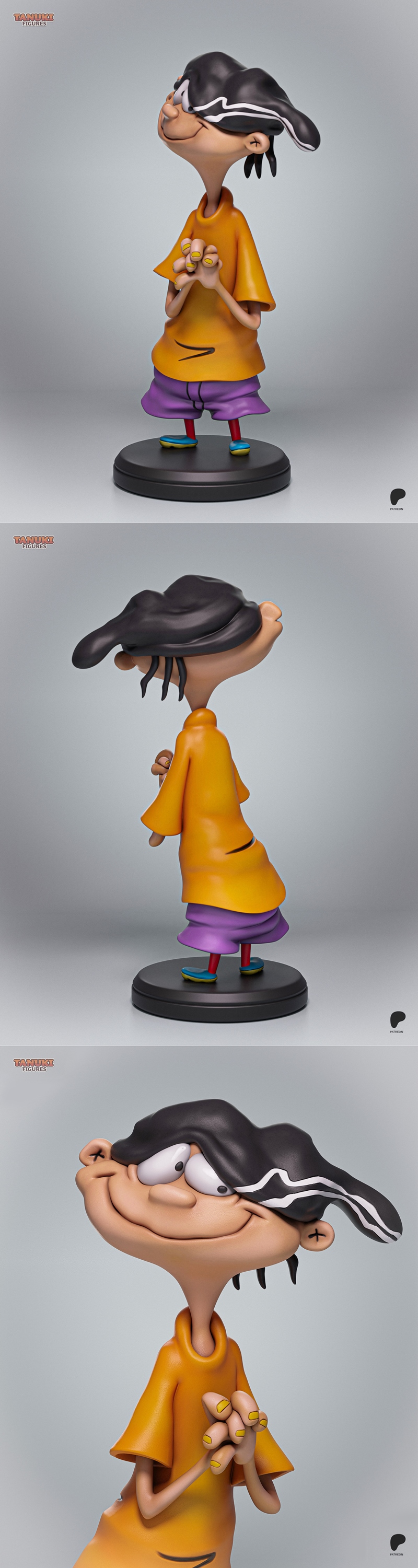 3D model figure of Edd from Ed, Edd n Eddy, wearing an orange shirt and purple shorts, standing on a black base with...