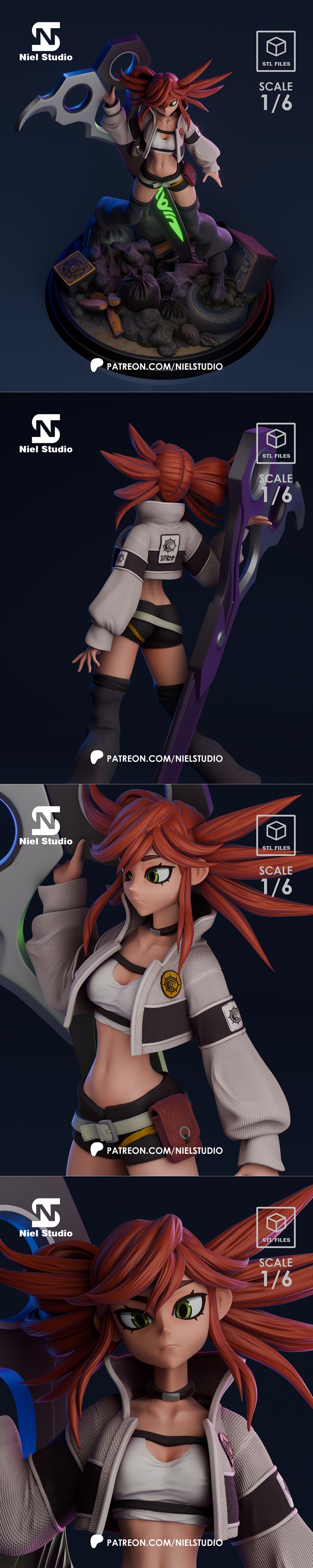 1/6 scale 3D print figure of Riyo Reaper from Gachiakuta, holding a large scythe with a glowing green blade, stylized...