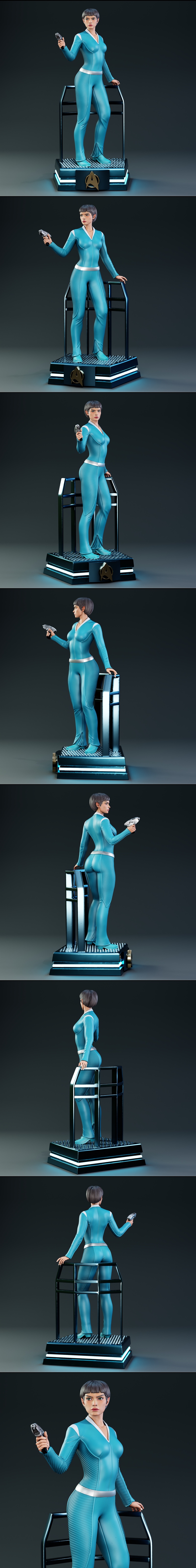3D model of T'Pol Enterprise from Star Trek in a blue uniform, holding a tricorder, standing on a futuristic base wit...