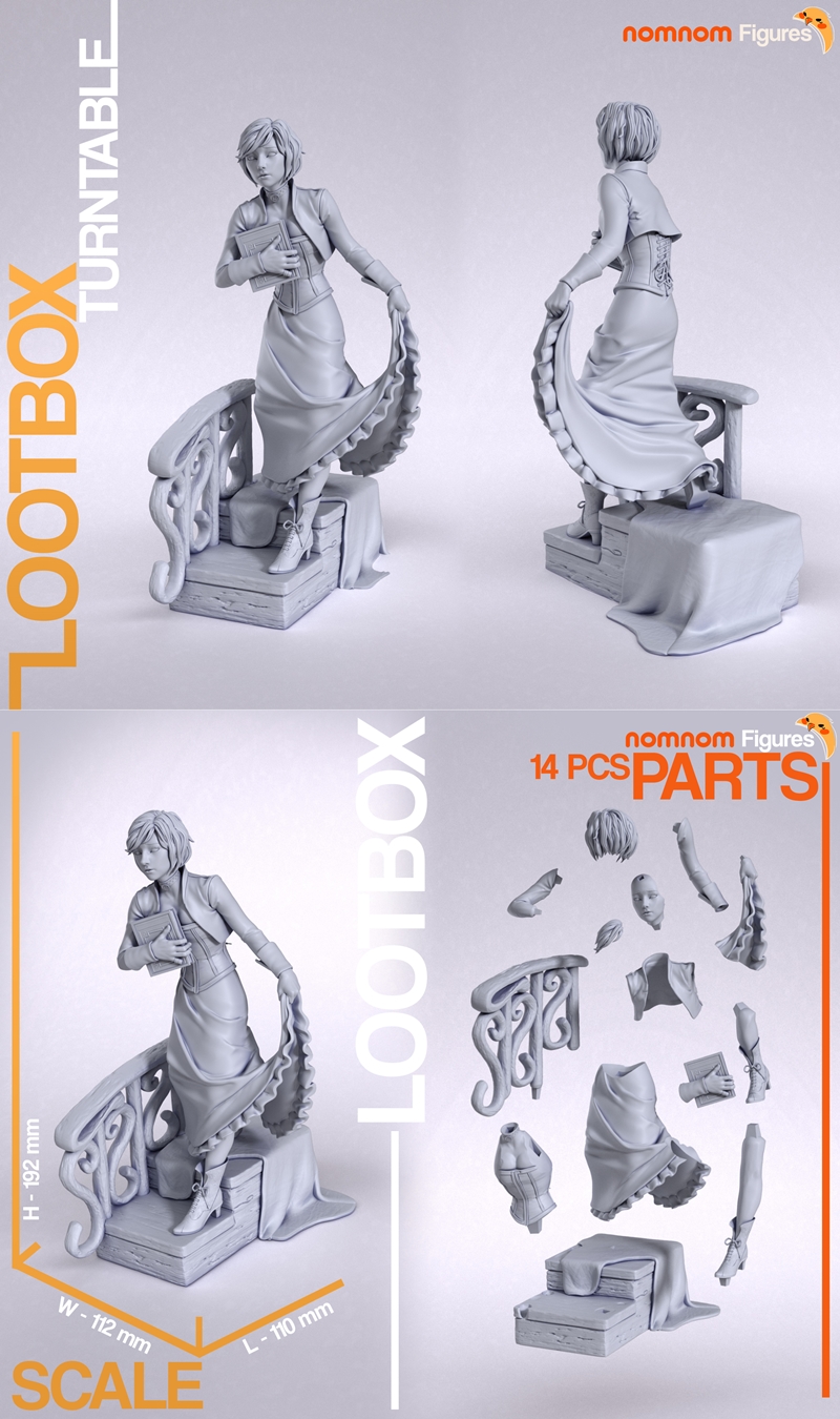 Elizabeth from Bioshock Infinite, a 3D printable figure by Nomnom Figures, wearing a blue dress and corset, holding a...