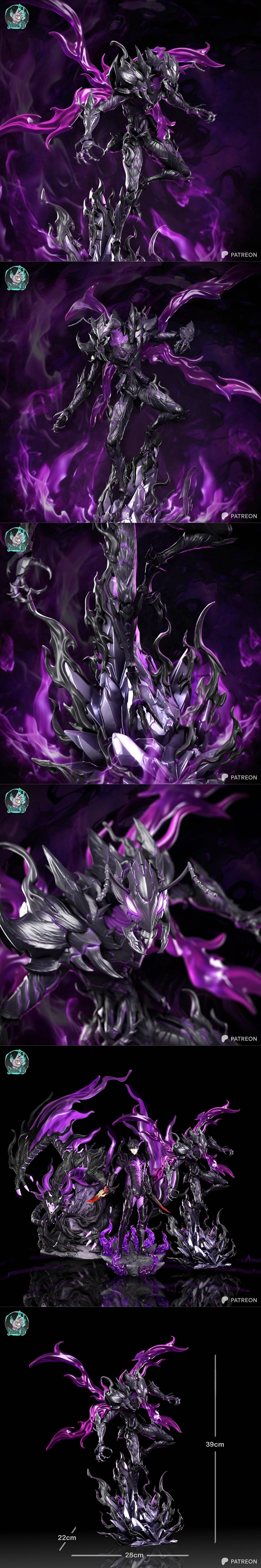 Shadow Beru 3D model figure with dark armor and flowing purple energy, sharp claws, demonic head, and glowing eyes.