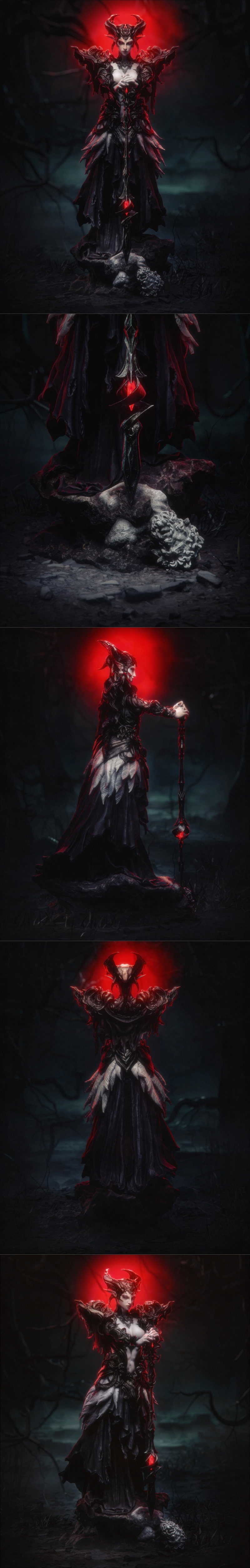 Demon queen with large horns and ornate black armor, red glow behind her, hands clasped at chest, detailed feathered...