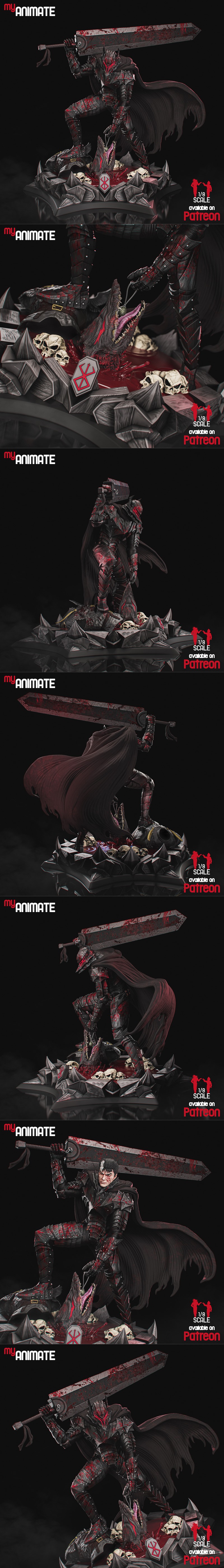Guts from Berserk in full armor, covered in blood, holding a giant sword. 1/8 scale 3D print model by MyAnimate.