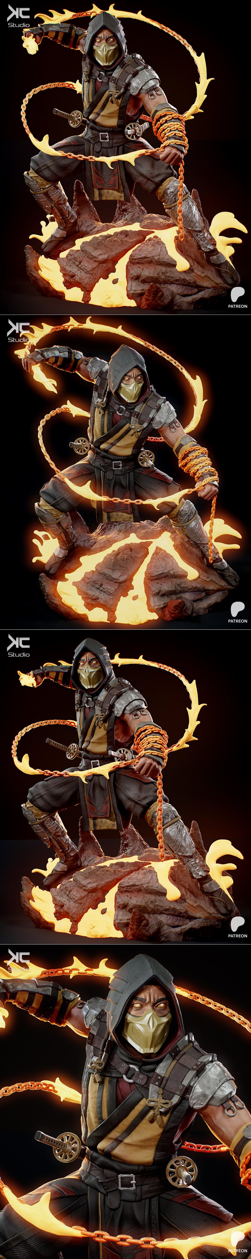 Scorpion from Mortal Kombat in a dynamic pose, wielding a flaming chain weapon. He wears a mask, hood, and detailed a...