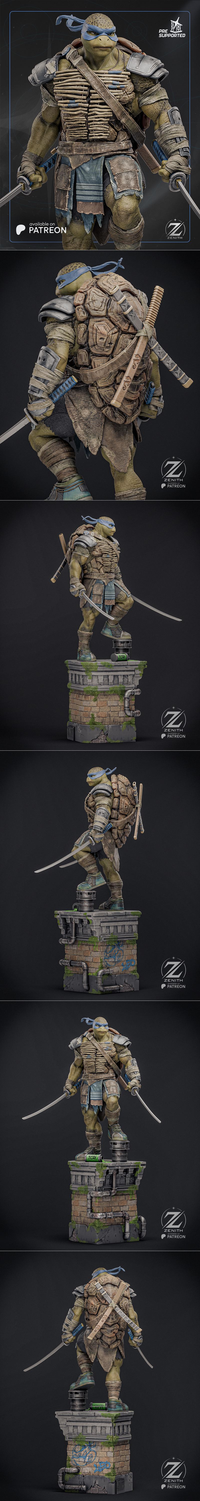 Leonardo, leader of the Teenage Mutant Ninja Turtles, depicted as a 3D printable figure by Zenith Studios. He wears a...