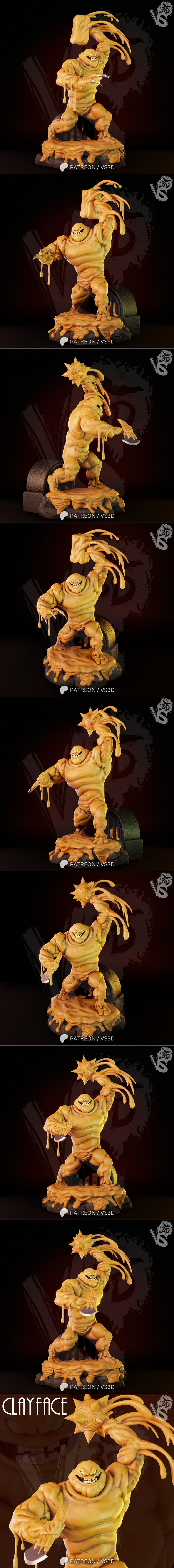 VS3D Clayface 3D model figure, a muscular, mud-like monster with sharp claws and a hammer-shaped arm, standing on a r...