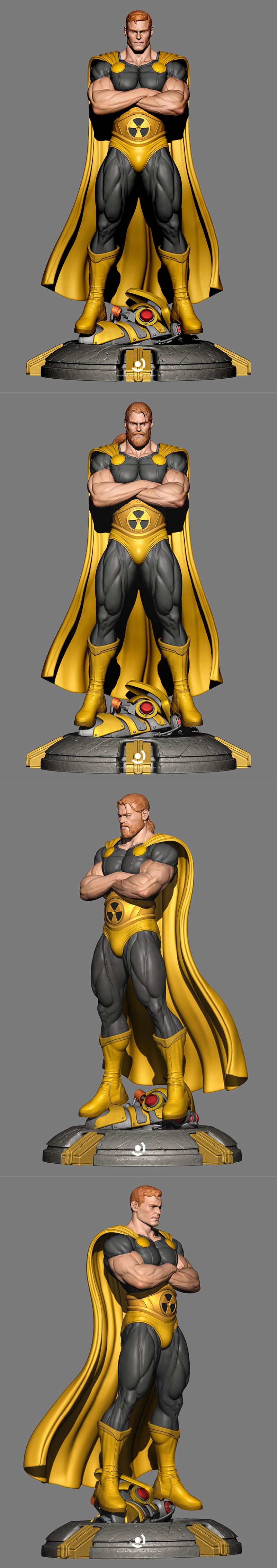 Hyperion, a muscular superhero with red hair and a beard, stands with arms crossed wearing a black and yellow costume...