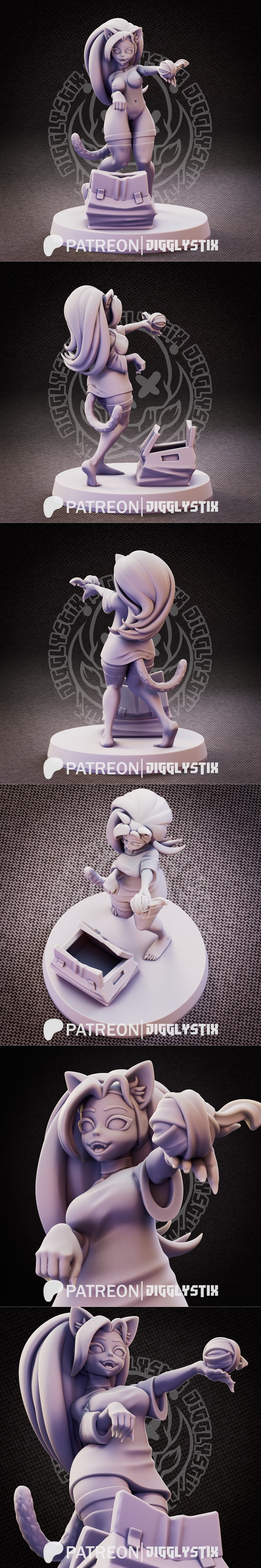 3D model of Playful Alicia, a catgirl figure with large ears and tail, in a playful pose next to an open book. She we...