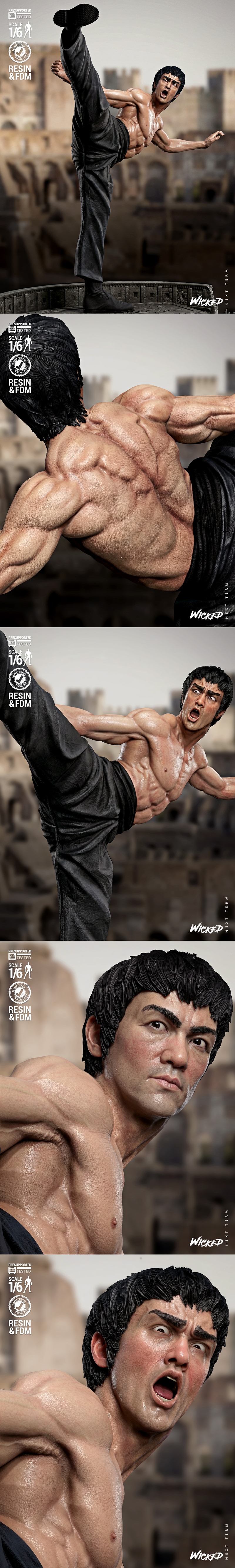 1:6 scale 3D print model of Bruce Lee performing a high kick, wearing black pants and no shirt, on a base with dragon...