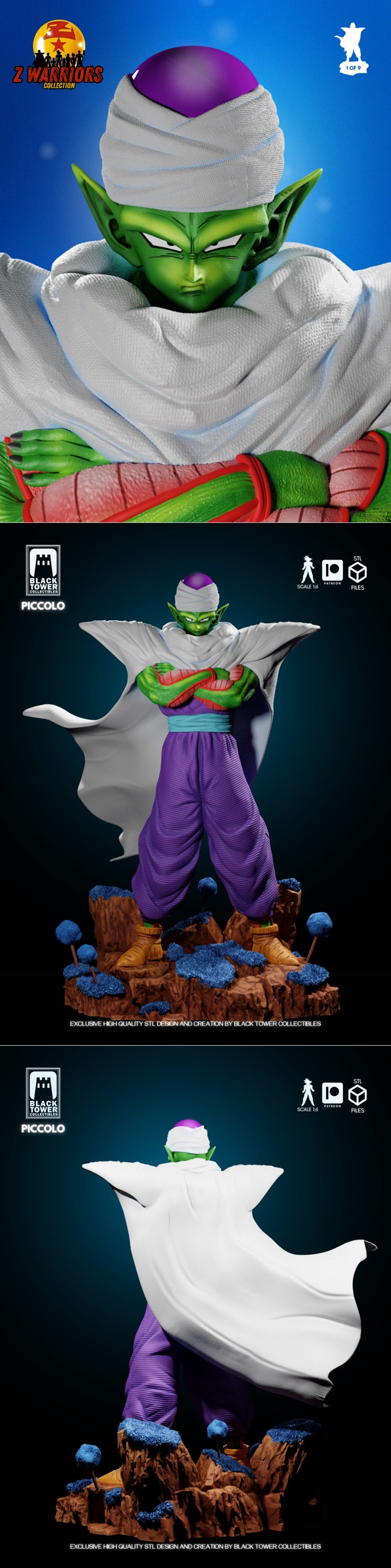 Piccolo figure from Dragon Ball, standing with arms crossed, wearing a white cape, purple pants, and blue sash. The m...