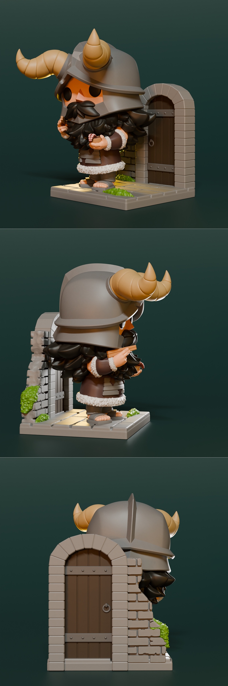 Chibi Senshi from Dungeon Meshi anime, wearing a horned helmet and beard, holding a pipe and food bowl, standing on a...