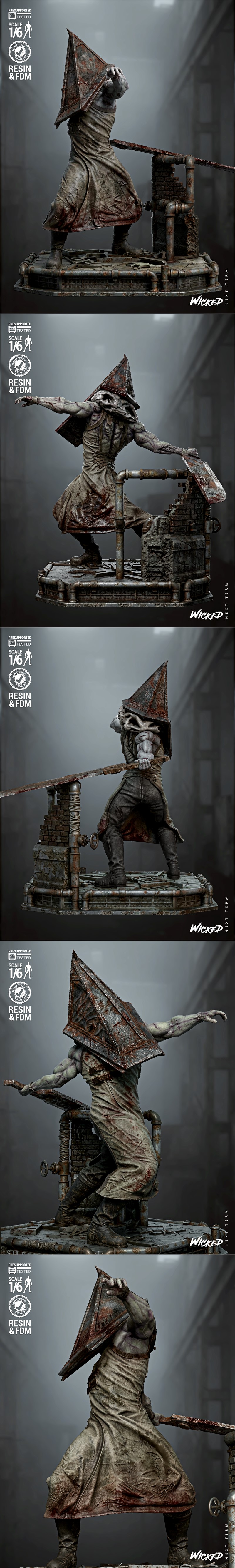 Pyramid Head figure from Silent Hill 2, posed dynamically with a large weapon, wearing a bloody apron and rusty helme...