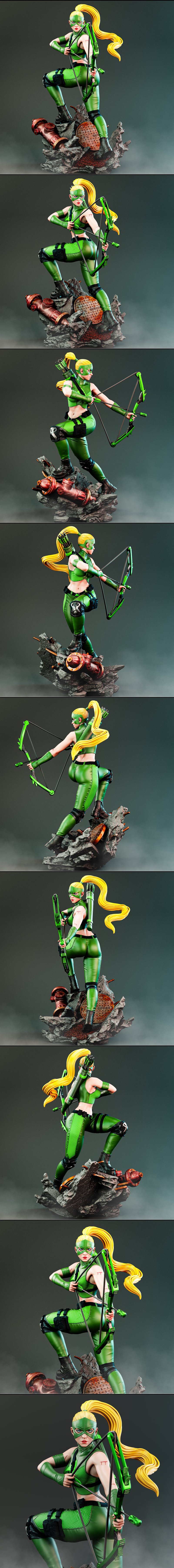 Artemis from Young Justice, a female archer in a green costume and mask, drawing a bow and arrow while crouching on a...