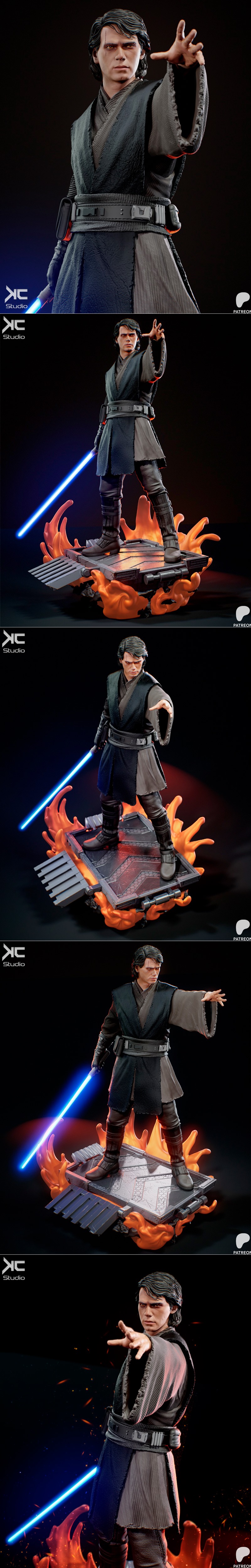 Anakin Skywalker figure with blue lightsaber, wearing Jedi robes and belt, reaching out with his hand. Star Wars logo...