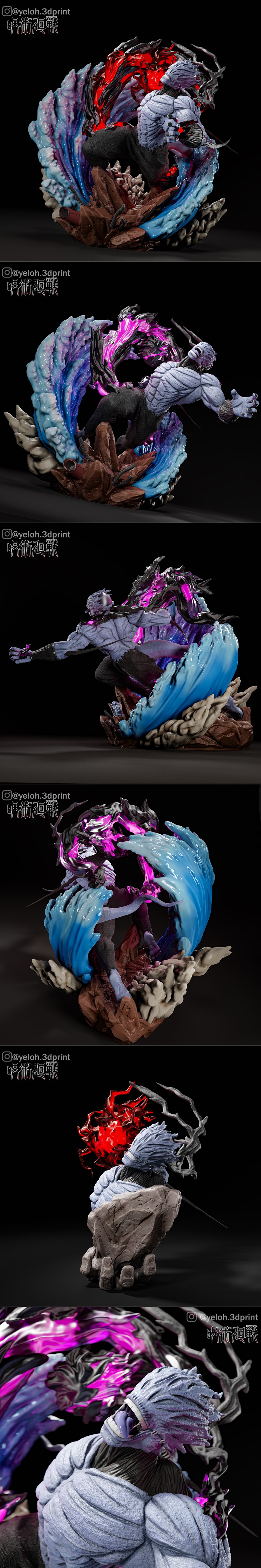 Mahito from Jujutsu Kaisen in a dynamic pose, surrounded by purple and blue energy effects, with a detailed rocky bas...