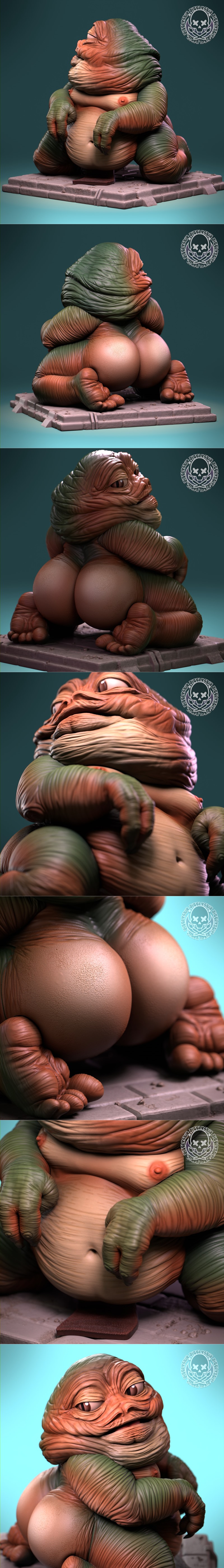 3D model of Jabba the Hutt in a provocative, 'thicc' pose, with detailed skin texture and a stone base. Studio logo v...