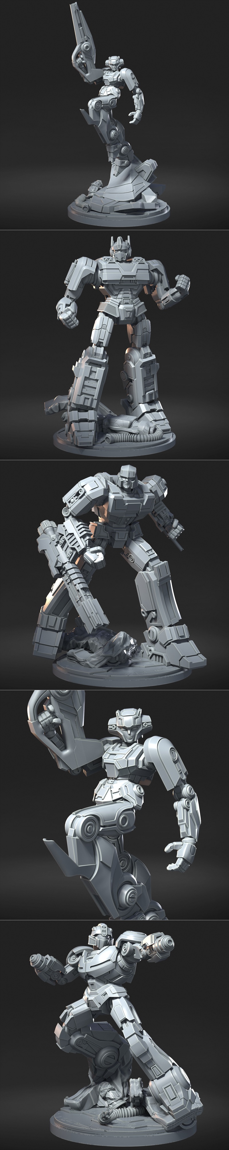 Collection of 3D printable models of Transformers characters in various poses, including one with a large weapon and...